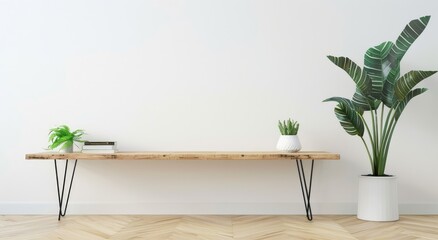 Minimalist solid wood table with hairpin legs, in an empty room with white walls and green plants on the side.