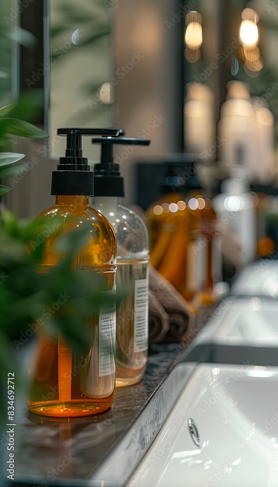 Poster close-up of sleek, amber-colored shampoo bottles with pumps, displayed on a countertop with a sink. 