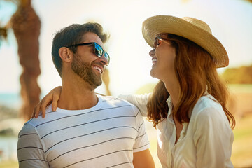Couple, people and joy on hug in outdoor with sunglasses for summer holiday, relax and fun in...