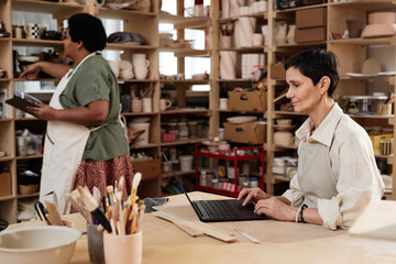 Side view portrait of smiling senior woman using laptop in art studio and managing small business...
