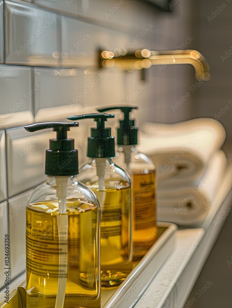 Poster three bottles of shampoo and conditioner in a contemporary bathroom, showcasing clean lines and mini