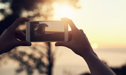 Person, hands and phone for picture in nature at sunset, vacation with memory of horizon. Mobile...