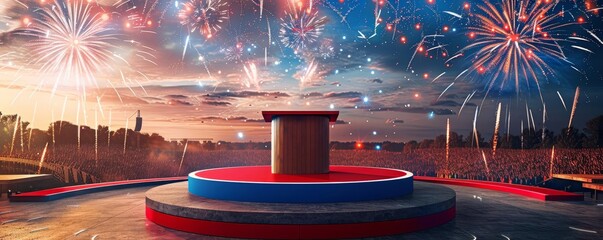 A modern podium with a red, white, and blue color scheme, set against a backdrop of a large concert crowd with fireworks, ample copy space in the sky and around the podium