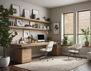  a high-quality 3D render of a stylish and functional home office. Incorporate a sleek desk, an ergonomic chair, and ample storage solutions like shelves and cabinets