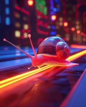 A snail leaving a streak of light as it races across the neon track 3d isomatic bakery