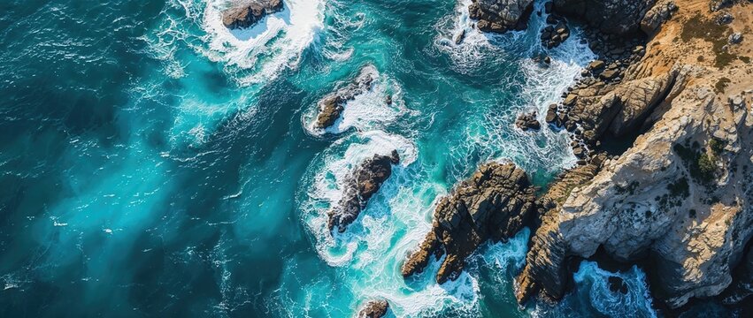 Dramatic Overhead Shot of Rugged Coastline. Natural Wallpaper, with Coastal Rocks and Crashing Waves.