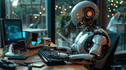 Fototapeta premium A sleek, metallic humanoid robot sitting at an office desk with computer equipment and windows in the background, typing on its keyboard while looking intently into the camera. The scene is lit by