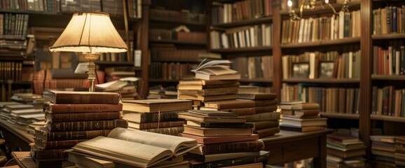 Obraz premium Old Bookstore Interior With Stacks Of Books, Reading Nooks, Antique Lamps, Nostalgic Feel, Vintage-Inspired Illustration Style, Sepia Tones, Soft Ambient Lighting