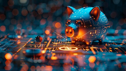 3D rendering of a cute piggy bank on a digital background with a circuit board and coins, AI concept art in the style of futuristic tech for an online money public event promotion banner, futuristic