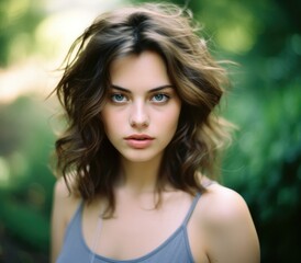 Naklejka premium Portrait of a young woman with brown hair and blue eyes. AI.