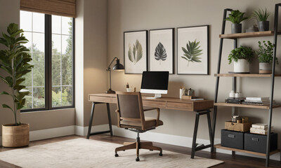  a high-quality 3D render of a stylish and functional home office. Incorporate a sleek desk, an ergonomic chair, and ample storage solutions like shelves and cabinets