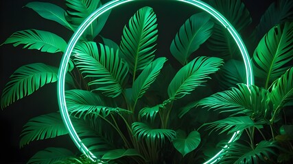 Green and Blue Neon Light with Tropical Leaves