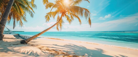 Tropical Beach With Palm Trees, Hammocks, Turquoise Water, Laid-Back Vibe, Minimalist Pastel Style,...
