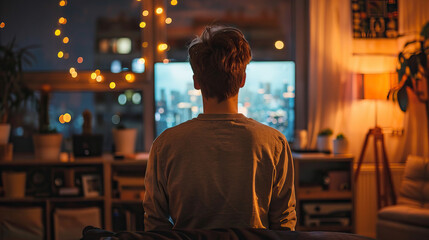A Person Sitting Alone In A Cozy Room At Night Watching TV With City Lights In The Background