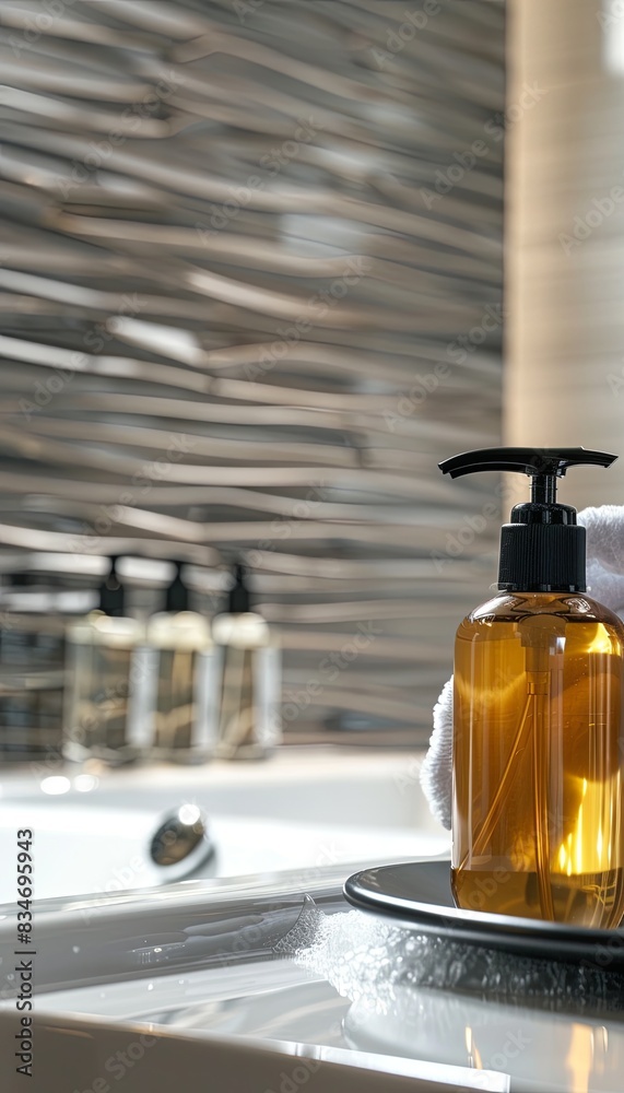 Poster closeup of stylish shampoo and conditioner bottles in a modern bathroom setting. generative ai