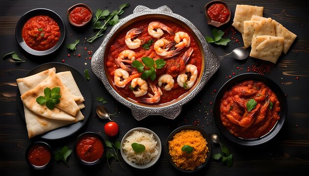 Arab tradtional food motabak zbidi, majboos samak fish, majboos robian shrimp, marak hamoure, dakous, tomato sauce on wooden black background
