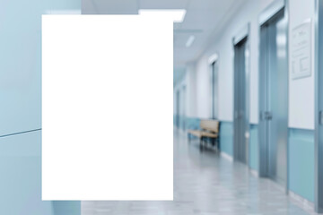 Mock-Up promotion poster displayed on the front of bright blur medical clinic, hospital interior background with defocused effect. Blank A4 white paper on abstract defocused luxury office corridor. Ad