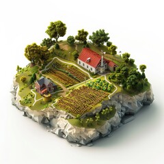 3d illustration agriculture field isolated in blue background. Green farm with barn and crops, windmill and trees. 3d isometric farm.