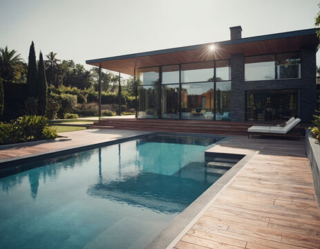 Una villa moderna con ampie vetrate si affaccia su una piscina olimpionica, ideale per il nuoto e l'allenamento.
