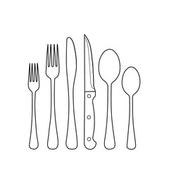 Elegant silverware set cutlery set, spoons, forks, and knives. Outline vector doodle illustration. Isolated on a white background.