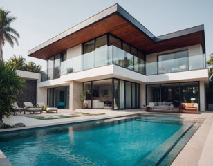 Fototapeta premium La casa minimalista ha una piscina con angolo relax e gazebo, perfetta per momenti di svago e comfort. 