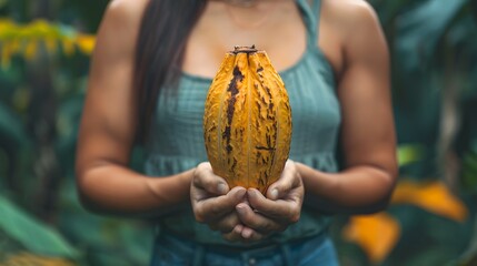 Close-up image of a woman holding a basket of Cocoa pod. Cut in half ripe cacao pods