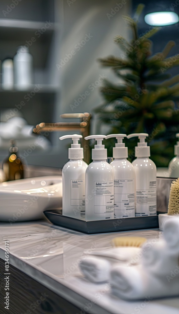 Poster close-up of sleek bottles of shampoo and conditioner on a marble counter in a contemporary bathroom 