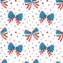 American patriotic bow seamless pattern for Independence day celebration. Isolated on white background. 4th of July holiday decor