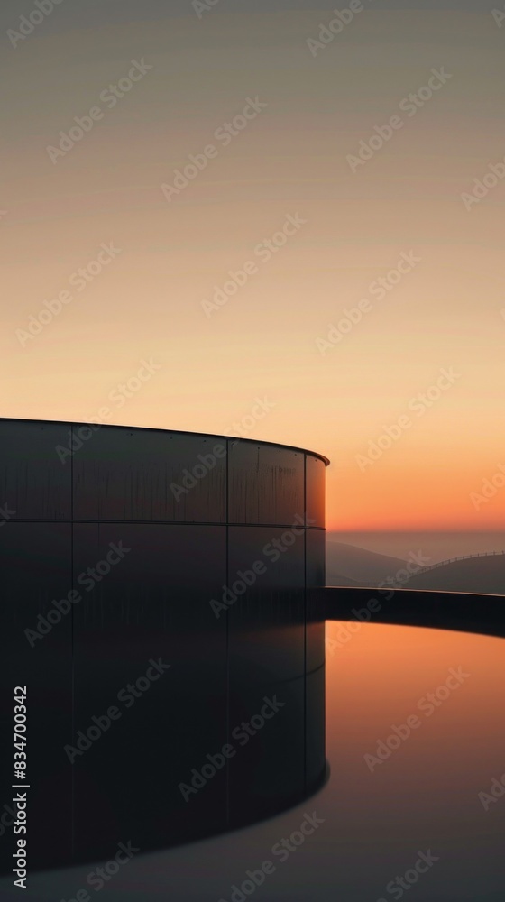 Poster A large building with a large circular window is reflected in a body of water