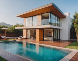 Fototapeta premium La piscina a sfioro di una villa contemporanea sembra sospesa tra cielo e terra, con una vista mozzafiato sul paesaggio. 
