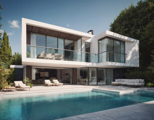 Fototapeta premium La casa di design presenta una piscina con mosaici colorati, aggiungendo un tocco artistico all'area esterna. 