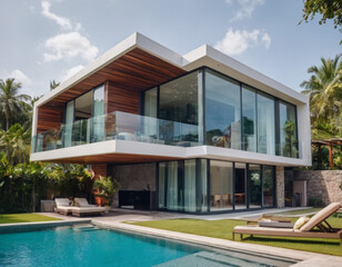Una casa minimalista con ampie vetrate ha una piscina che si estende fino al bordo del terrazzo, creando un effetto infinito.
