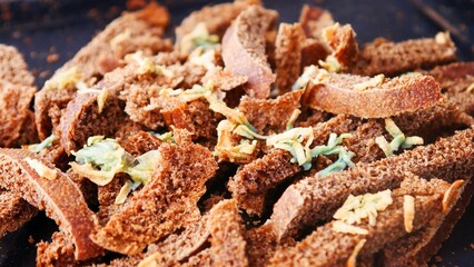 Close-up of delicious rusks with garlic