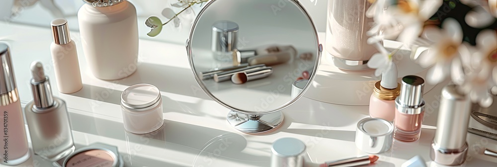Poster a white tabletop with a round mirror surrounded by various cosmetic products, including creams and b