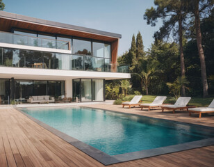 La casa dal design futuristico ha una piscina con fondo in vetro, permettendo di vedere il giardino sottostante.
