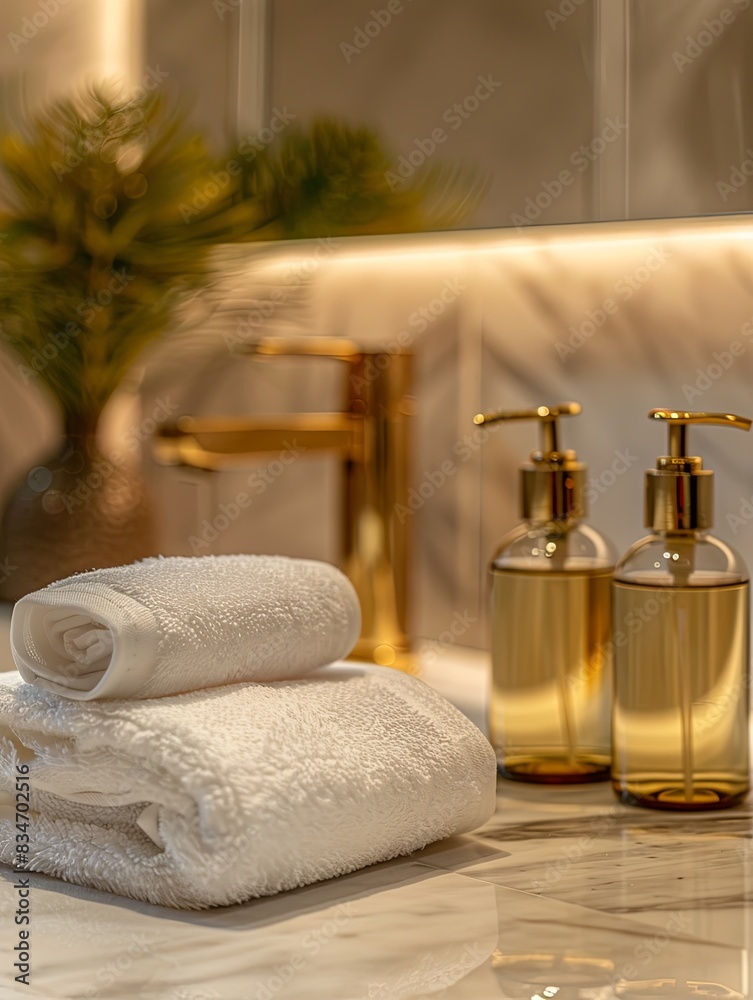 Poster close-up of a bathroom countertop with stacked white towels and stylish shampoo bottles. generative 