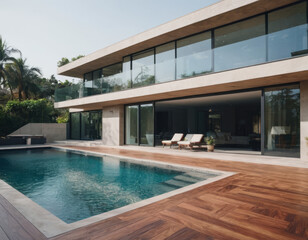 Fototapeta premium Una villa con facciata in vetro e acciaio presenta una piscina circondata da una pavimentazione in pietra chiara. 