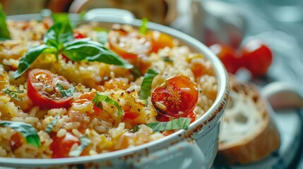  A tight shot of a bowl filled with tomatoes, basil, and various toppings In the backdrop, a plate holds bread and utensils