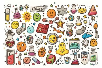 Cartoon cute doodles of a periodic table with each element represented by a unique character, Generative AI