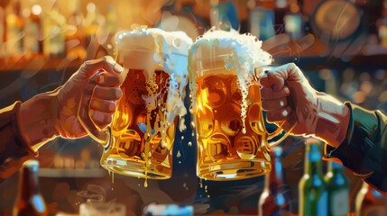 Obraz premium A realistic close-up of two hands clinking beer mugs together, the frothy foam spilling slightly over the rims, with a lively background