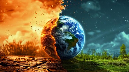 Earth divided by fire and water, symbolizing climate change and environmental challenges.