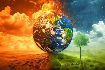 Earth in flames on one side, lush green on the other, symbolizing environmental change.