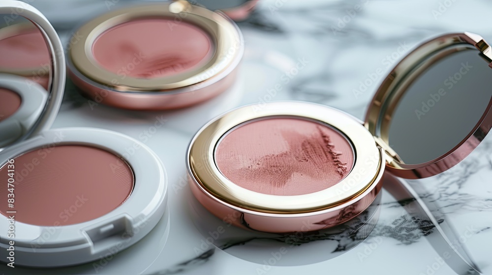 Aufkleber Compact cases of blush with a mirror and powder are arranged on a marble surface. Generative AI