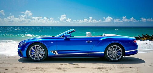Blue luxury convertible half side view with ample copy space on beach background for high-end car advertisements