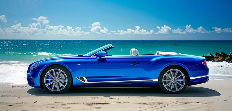 Blue luxury convertible half side view with ample copy space on beach background for high-end car advertisements