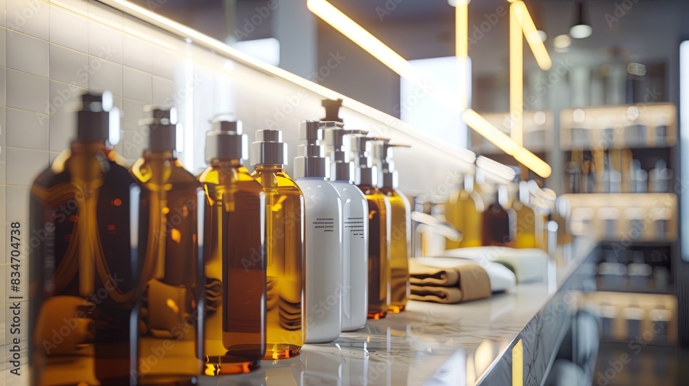 Poster close-up of elegant shampoo and conditioner bottles arranged on a bathroom counter. generative ai