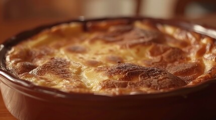  A tight shot of a casserole dish on a wooden table, with the dish in focus and the background subtly blurred