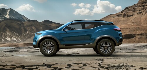 Blue sports SUV half side view with ample copy space on rugged terrain background for adventure vehicle promotions