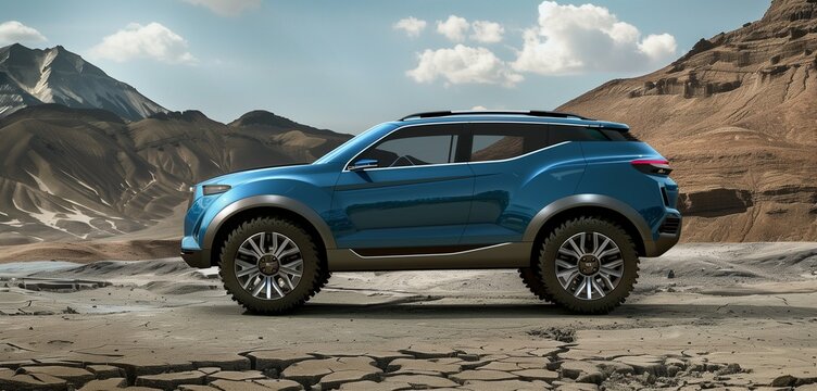 Blue sports SUV half side view with ample copy space on rugged terrain background for adventure vehicle promotions