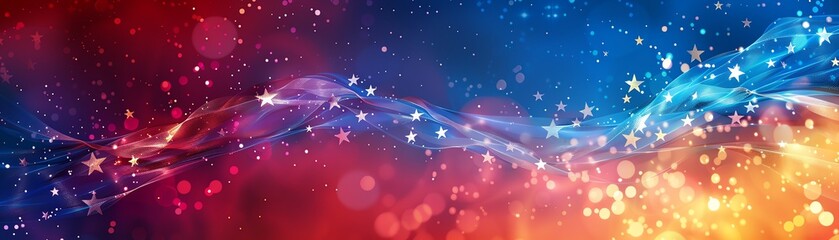 Abstract digital art featuring a vibrant mix of red, blue, and orange hues with a dynamic wave of light and sparkling stars.